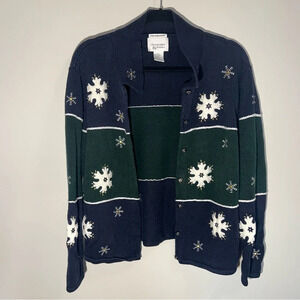 Christopher & Banks Button Front Color Block Snowflake Winter Sweater Cardigan L